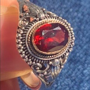 Garnet Silver Vintage Ring, Size: 6 1/2
